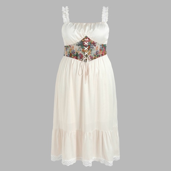 Cider Dresses & Skirts - Cider Cream Midi Dress with Floral Corset Waist